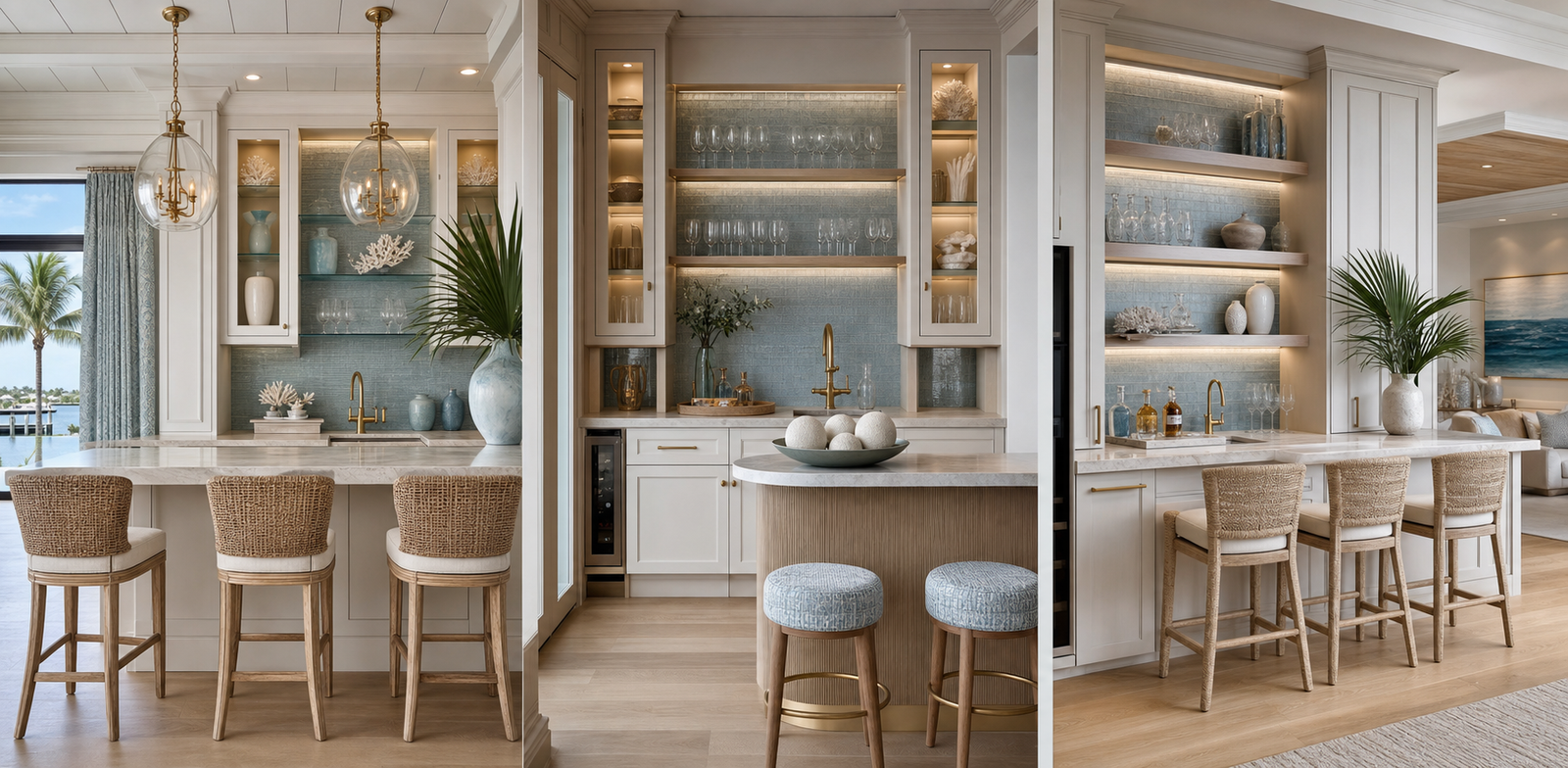 Coastal home bar design inspiration with a light cabinet and counter palette