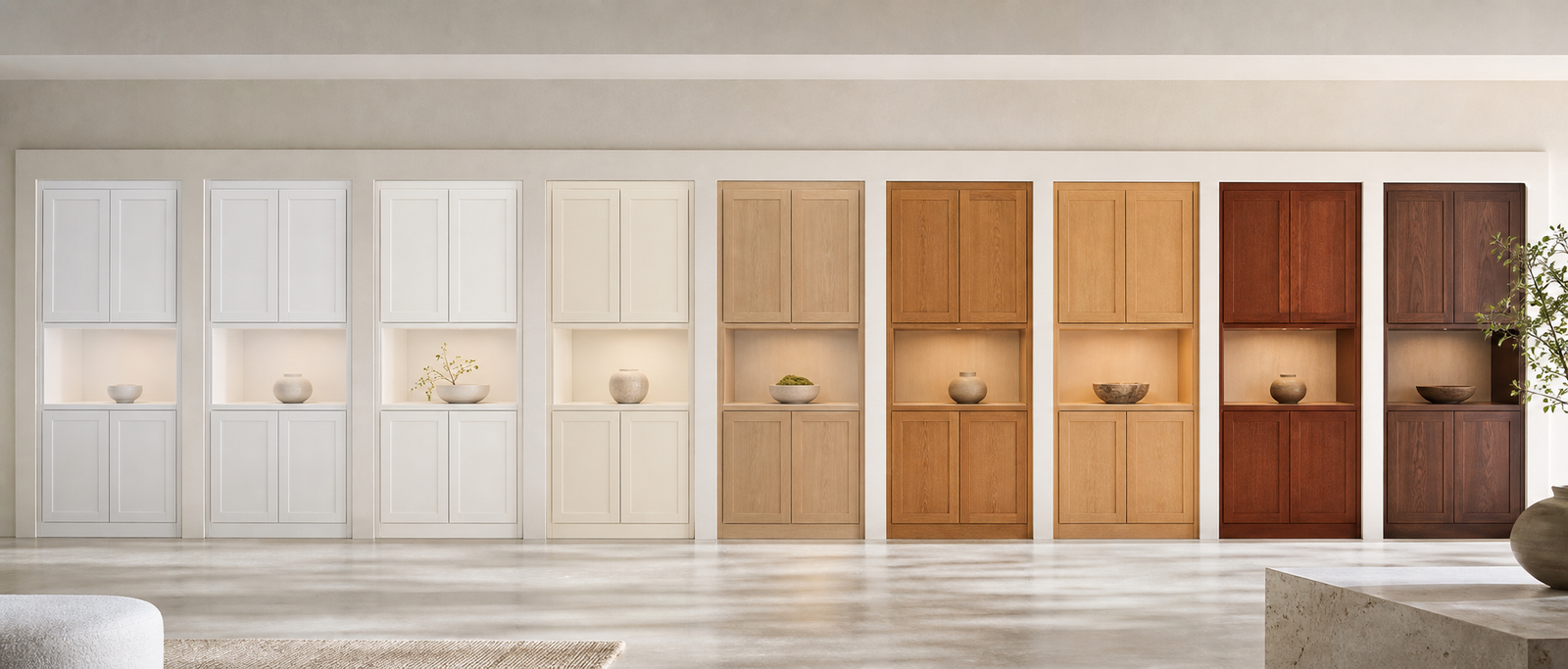 Light paint and natural wood cabinet finish inspiration
