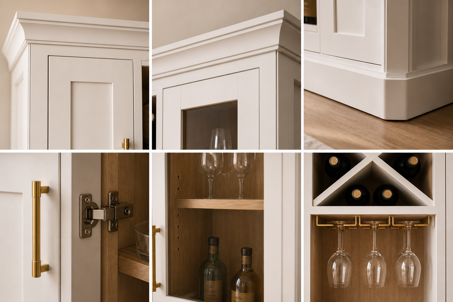 Shaker joinery, crown, base, shelving, wine and stemware details