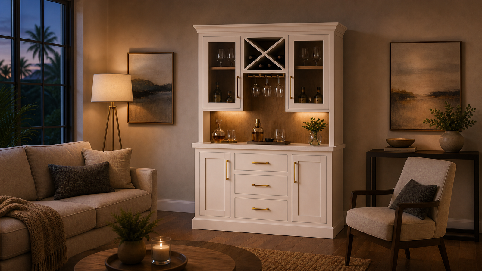 The 64-inch freestanding Key West bar shown with living-room furniture for scale