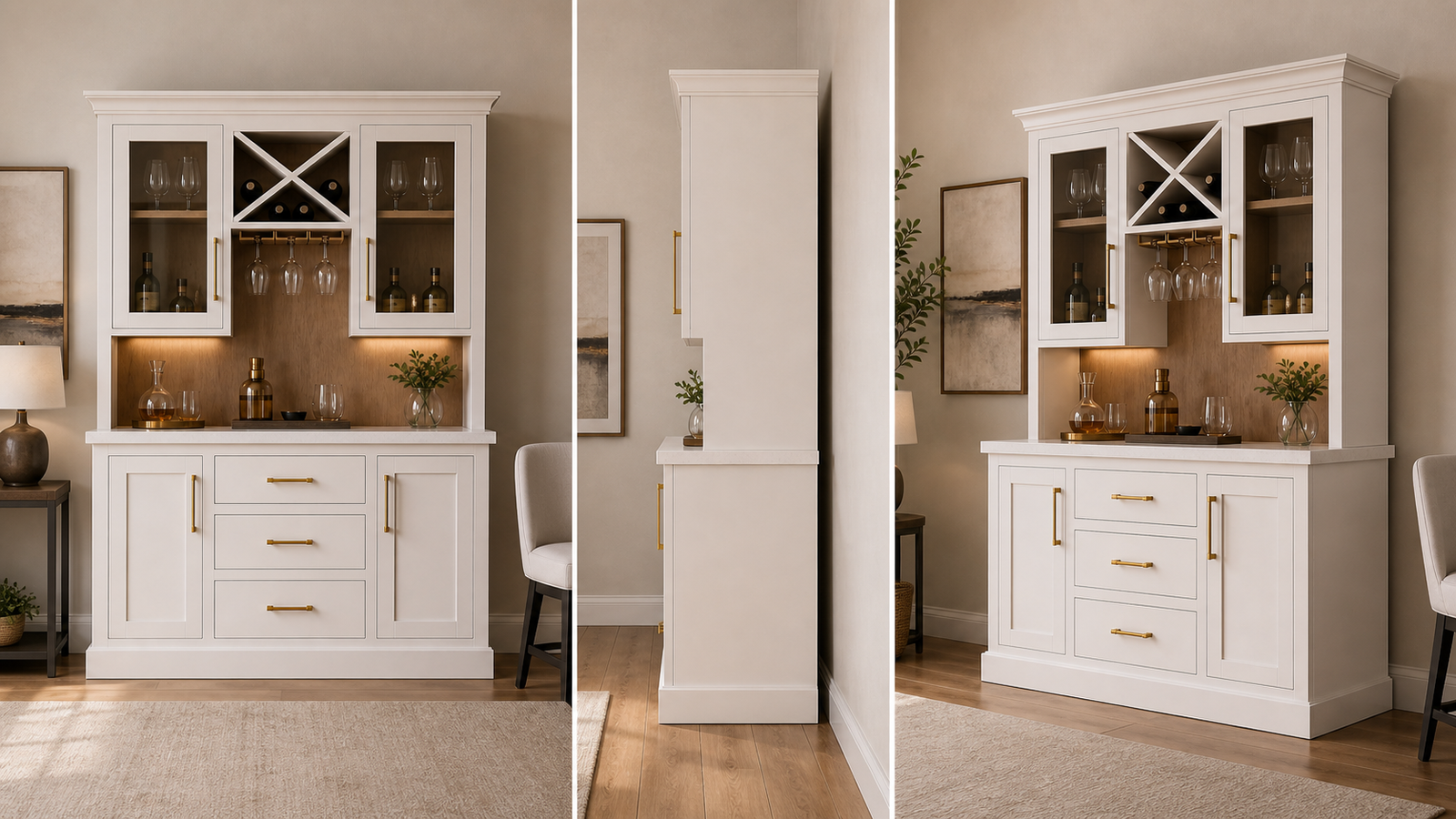Front, slim side profile and angled views of the freestanding Key West bar