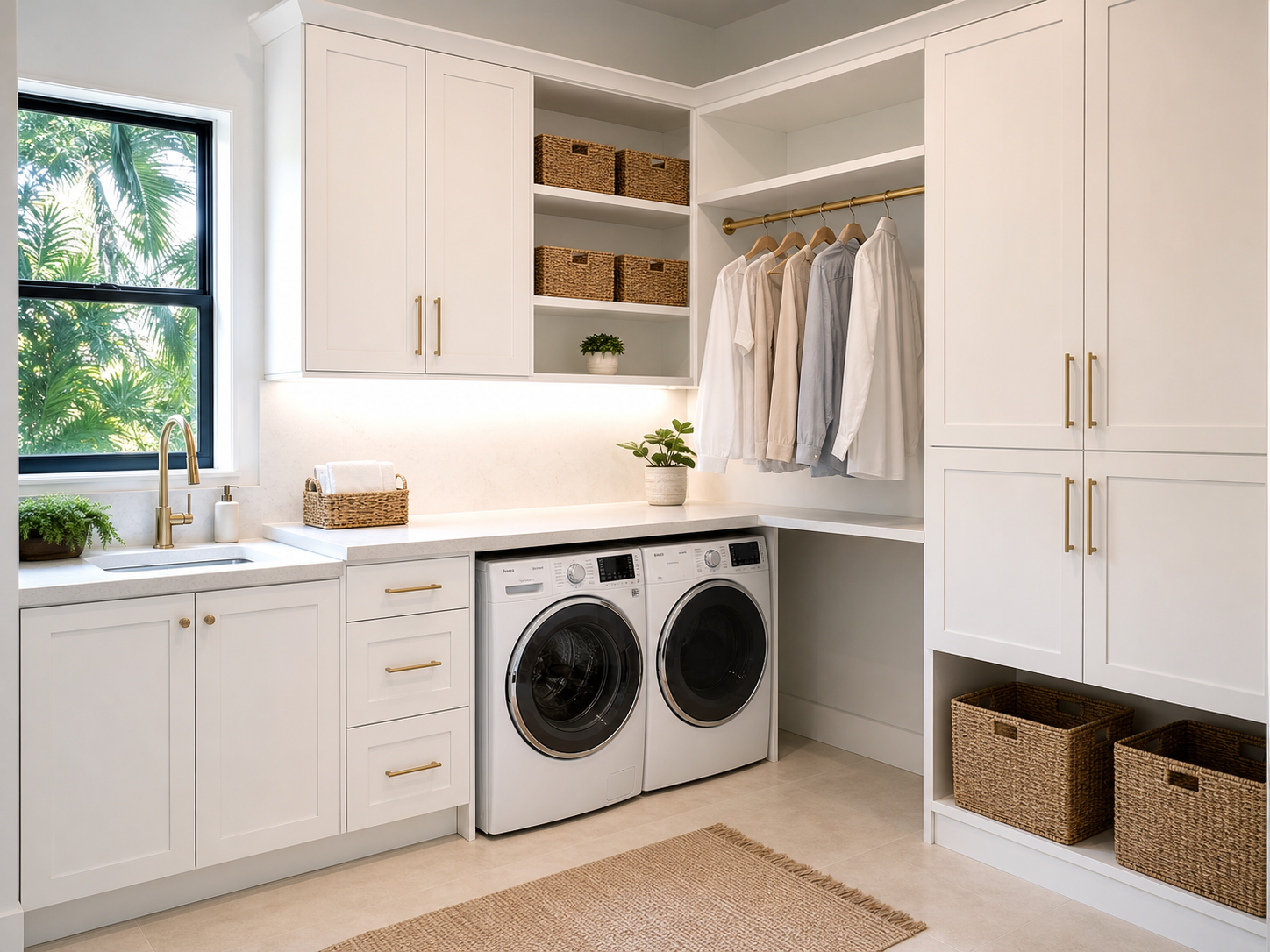 Luxury white Shaker laundry room cabinetry by Papa's Creations